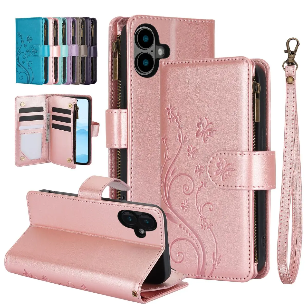 PU Leather Shockproof Dustproof Zipper Flip Wallet Case for iPhone 17,16 Pro Max,15,14,13,12 - Magnetic Card Holder Smartphone Cellphone Handheld Devices Protection Cover (TikTok Shop Back to School)
