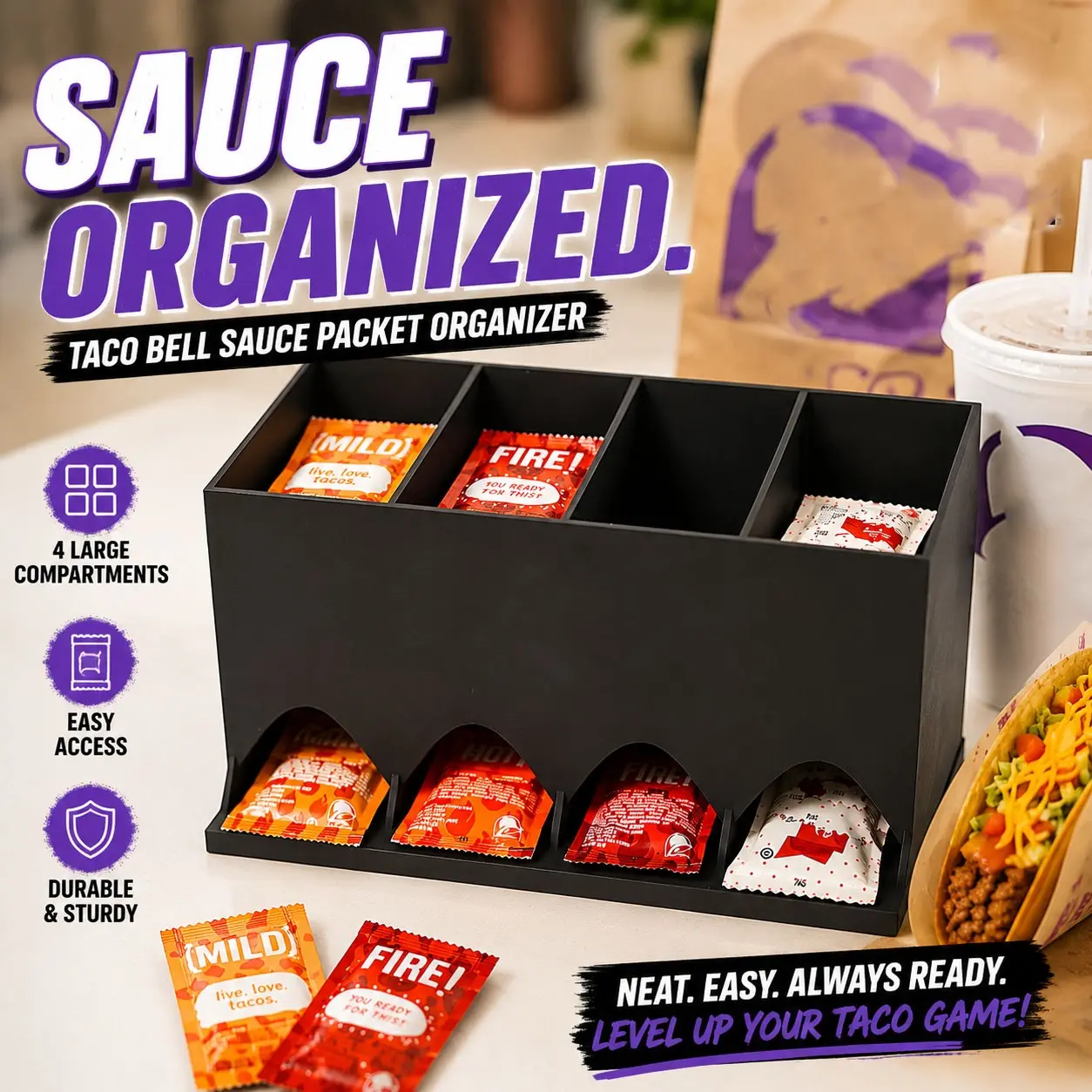 Hot Sauce Packet Organizer for Taco Bell Packets, 4 Slot Sauce Holder, Countertop Condiment Storage, Storage Organizers, Easy Access Design
