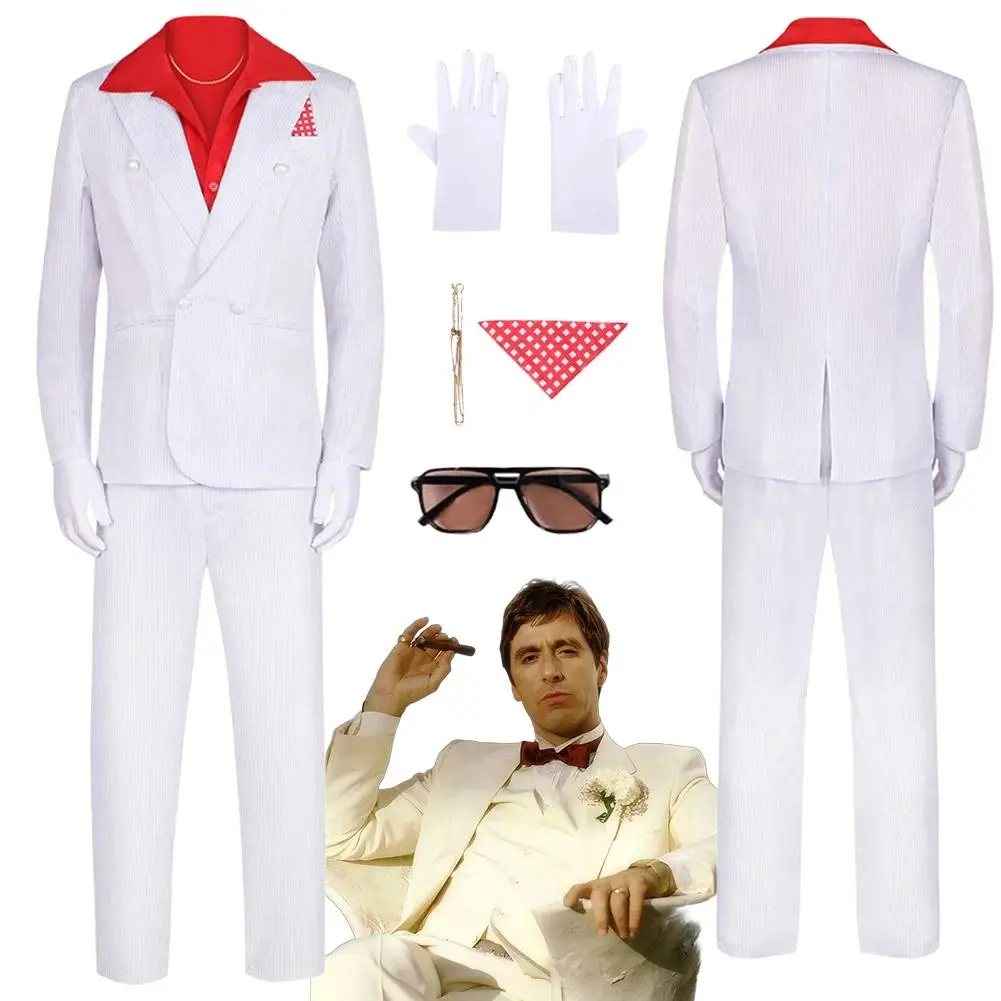 Fancy Dress Scarface Al Pacino Cosplay For Men Clothing White Suit 1983 Movie Costume Adult Man Roleplay Fantasia Party Outfits