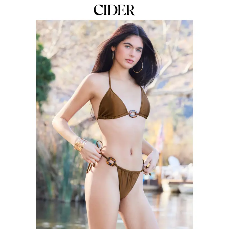 Cider V-neck Knotted O-Ring Halter Cheeky Bikini Set