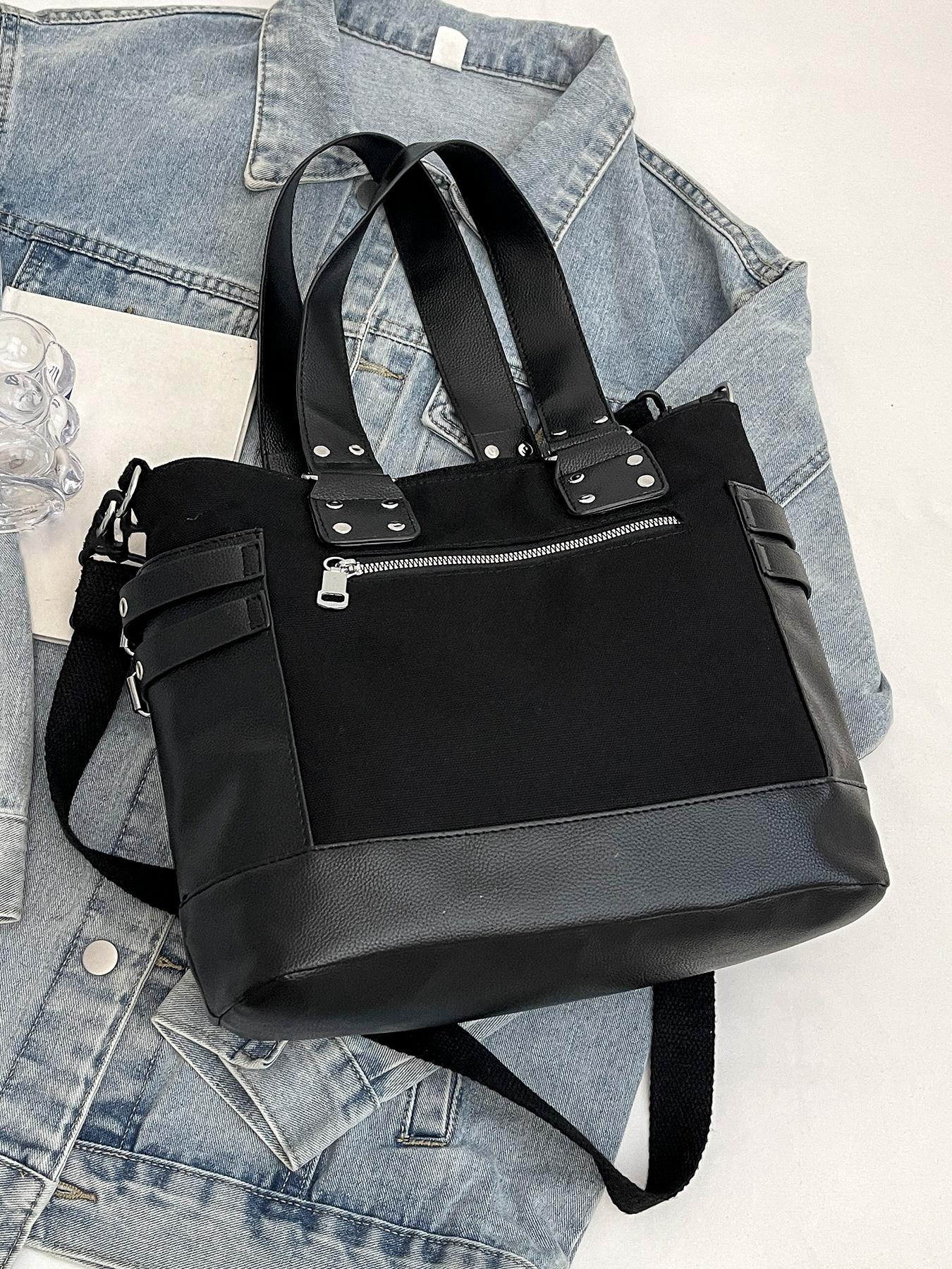 Niche Design Punk Style Rivet Chain Tote Bag, Casual Commuter Bag, Multi-pocket Functional Shoulder Crossbody Bag, Dark Hardware Decorated Handbag, Pu Tote Satchel, Street Style Fashion Trendy and Versatile, Suitable for Daily Travel, Etc