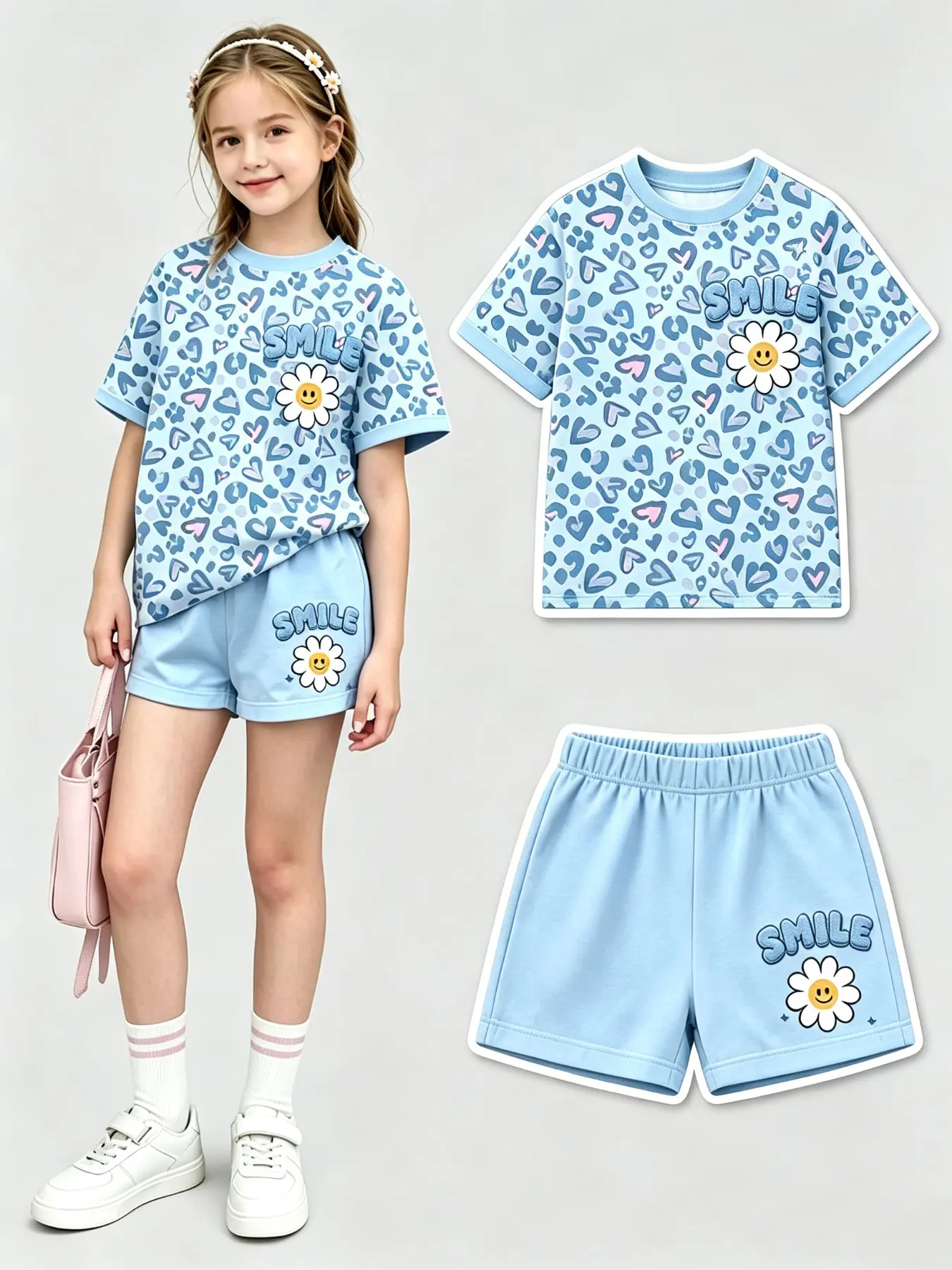 Kids Heart Leopard Print Smile Daisy Two Piece, Kids Summer Set, Casual Fitted Suit, All over Print, Quick-Dry Fabric, Perfect for Photoshoots & Ootd, Summer Clothing Set