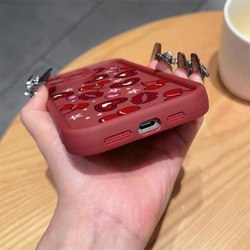 A high-end wine red cherry, lip print, and heart-shaped TPU shockproof full coverage case, specifically designed for iPhone 17 E Air Pro ProMax iPhone16 15 14 Plus 13 12 Mini 11 X XS XR, Phone Case, Full Coverage,Seamless Edge, Fashion Phone Users
