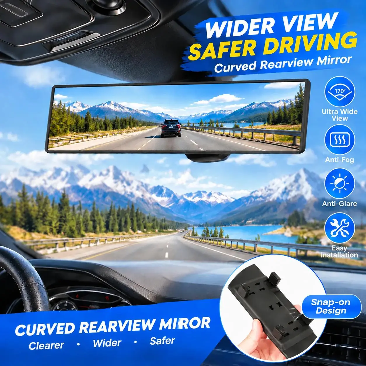Clip-on wide-angle car rearview mirror, curved HD anti-glare rearview mirror, universal interior rearview mirror, reduces blind spots