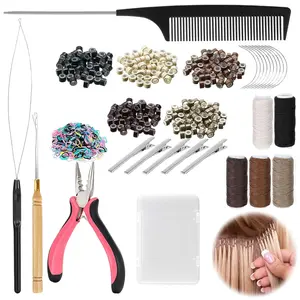 Hair Extension Tools Kit, 500Pcs Silicone Lined Micro Ring Beads, Hair Plier, Threader, Crochet Hook, Curved Needles, Hair Clips.Sewing Threads, 100 Rubber Bands with Storage Case