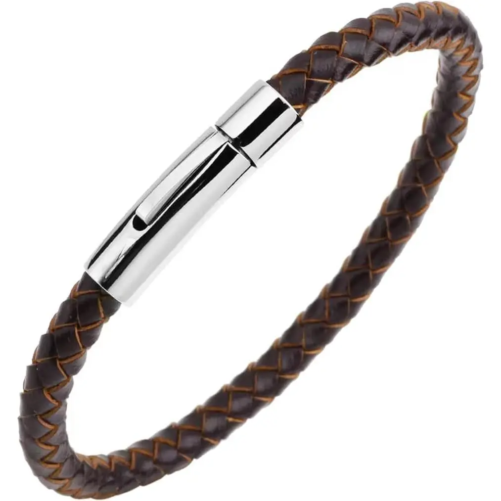 Braided Mens Leather Bracelets for Women with Stainless Steel Clasp Cuff Bangle Birthday Bracelet