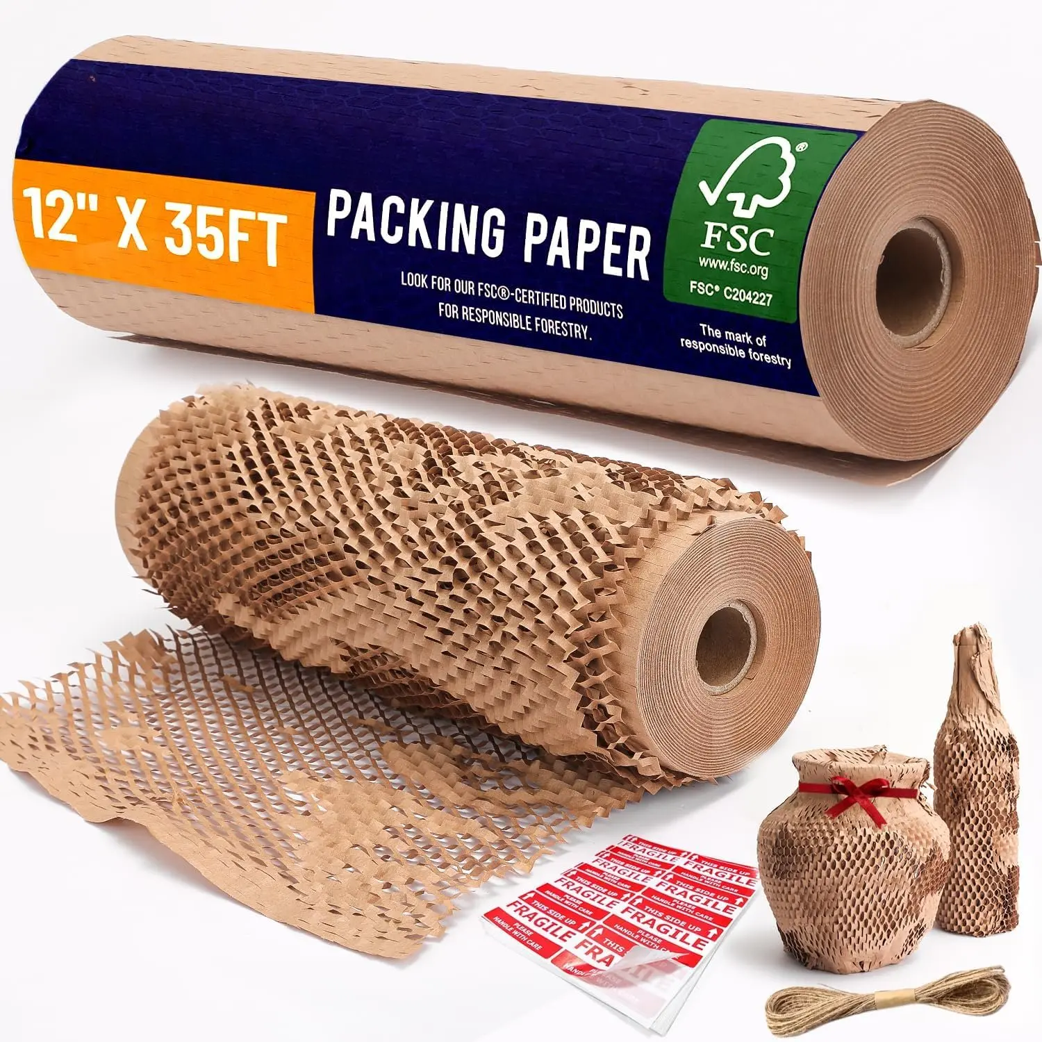 Packing Paper 12" x 35ft with Rope & 20 Fragile Stickers|Shipping & Moving Supplies|Small Business Packaging Supplies| Bubble Wrap Packing Boxes for Moving Certified FSC C204227