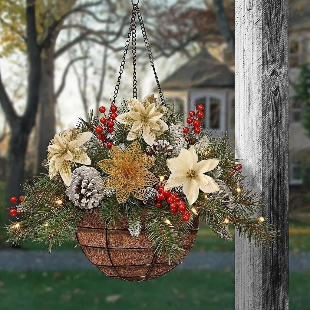 6-24Pcs 15cm Artificial Christmas Flowers with Clips Stems, Xmas Tree Ornaments Glitter Flower for Garland New Year Party Decor