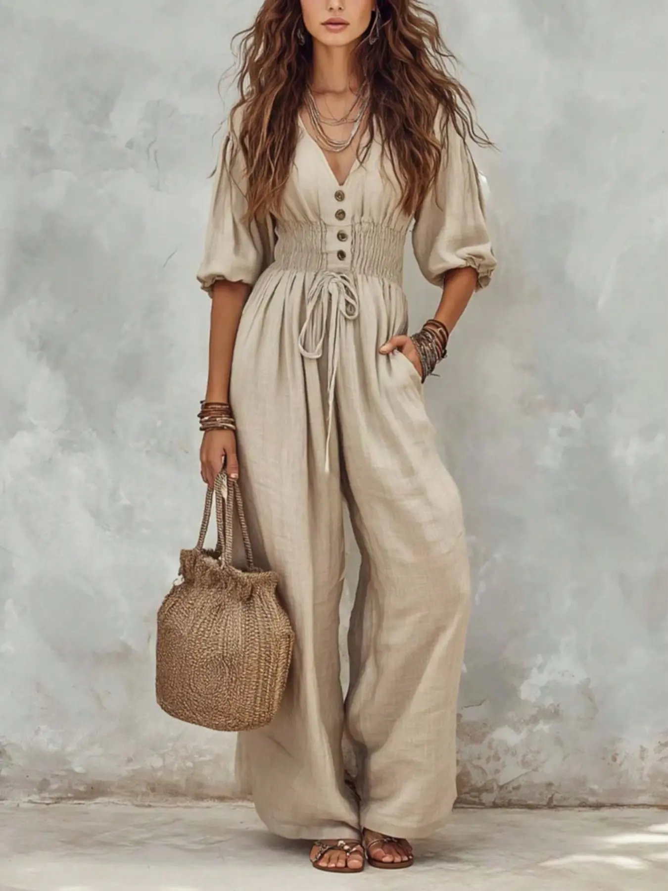 2026 New Bubble Sleeve Drawstring Waist Romper, Casual Vacation Style, V-Neck Button Front, Loose Fit, Boho Chic, Plus Size Friendly
