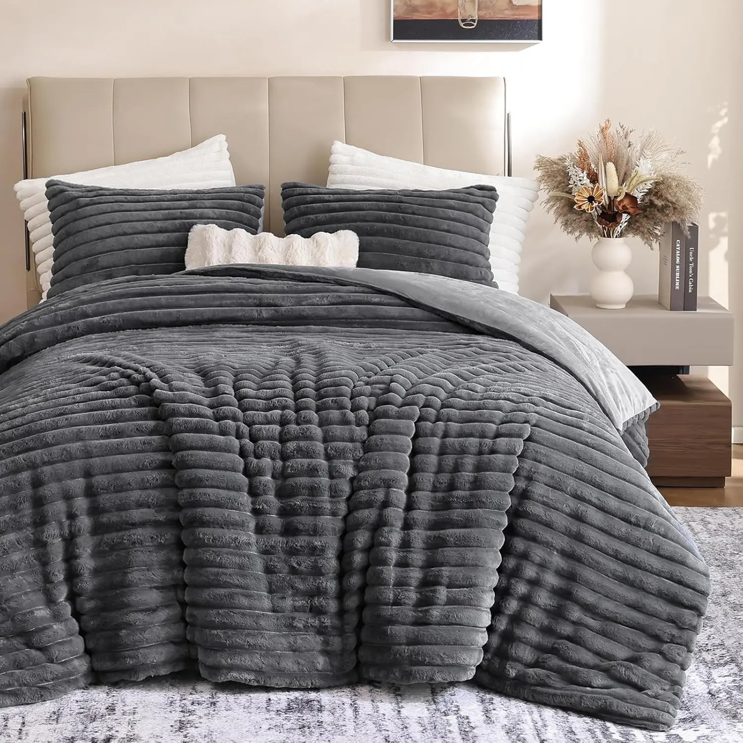 Grey  Comforter Sets - Ultra Soft Plush Fleece Grey Comforter  Size, Luxury Fuzzy Bedding Comforter with 2 Pillowcases, Cozy Heavy Faux  Comforter Sets for