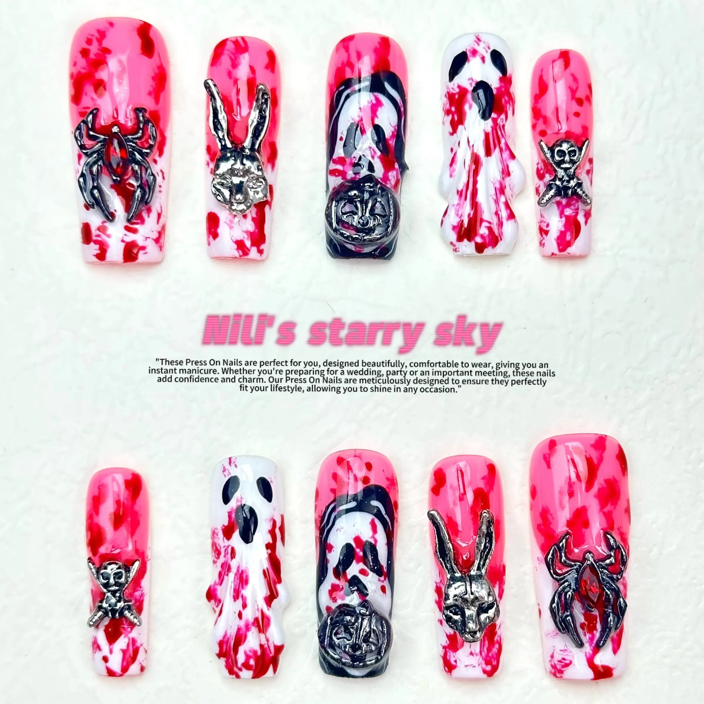 10pcs Handmade Covered Square Halloween Blood Splash Press On Nails, Hot Pink Nail, Gothic Horror style False Nail, Fake Nails, Detachable and Reusable, Suitable For Halloween Cosplay, Party, Horror Event Styling, With Jelly Glue And Nail File