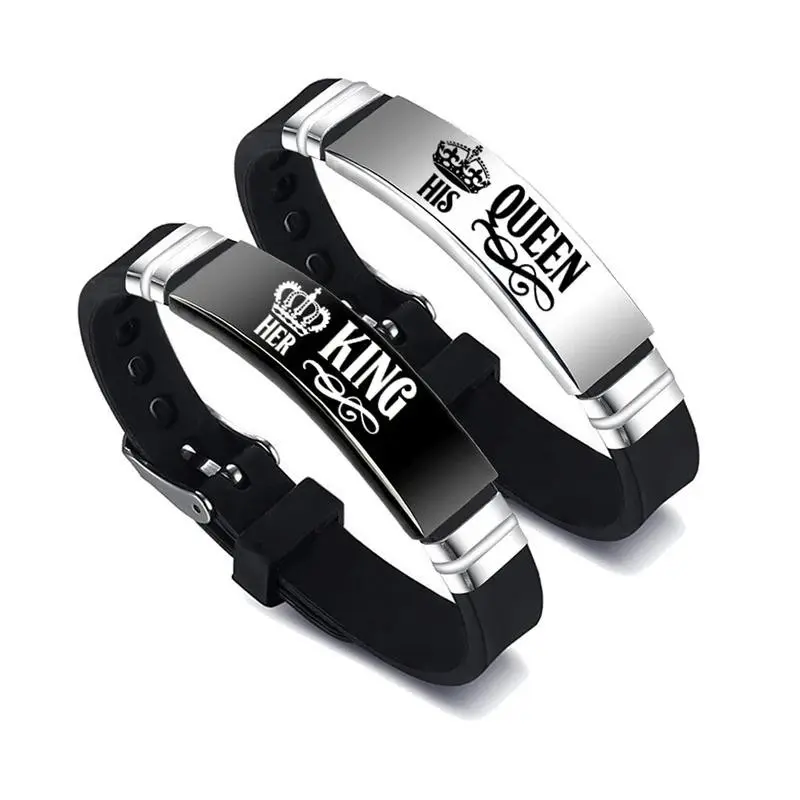 2 Pcs/Set Couple Bracelet Stainless Steel Adjustable Silicone Strap Bangle Valentine's Day Gift