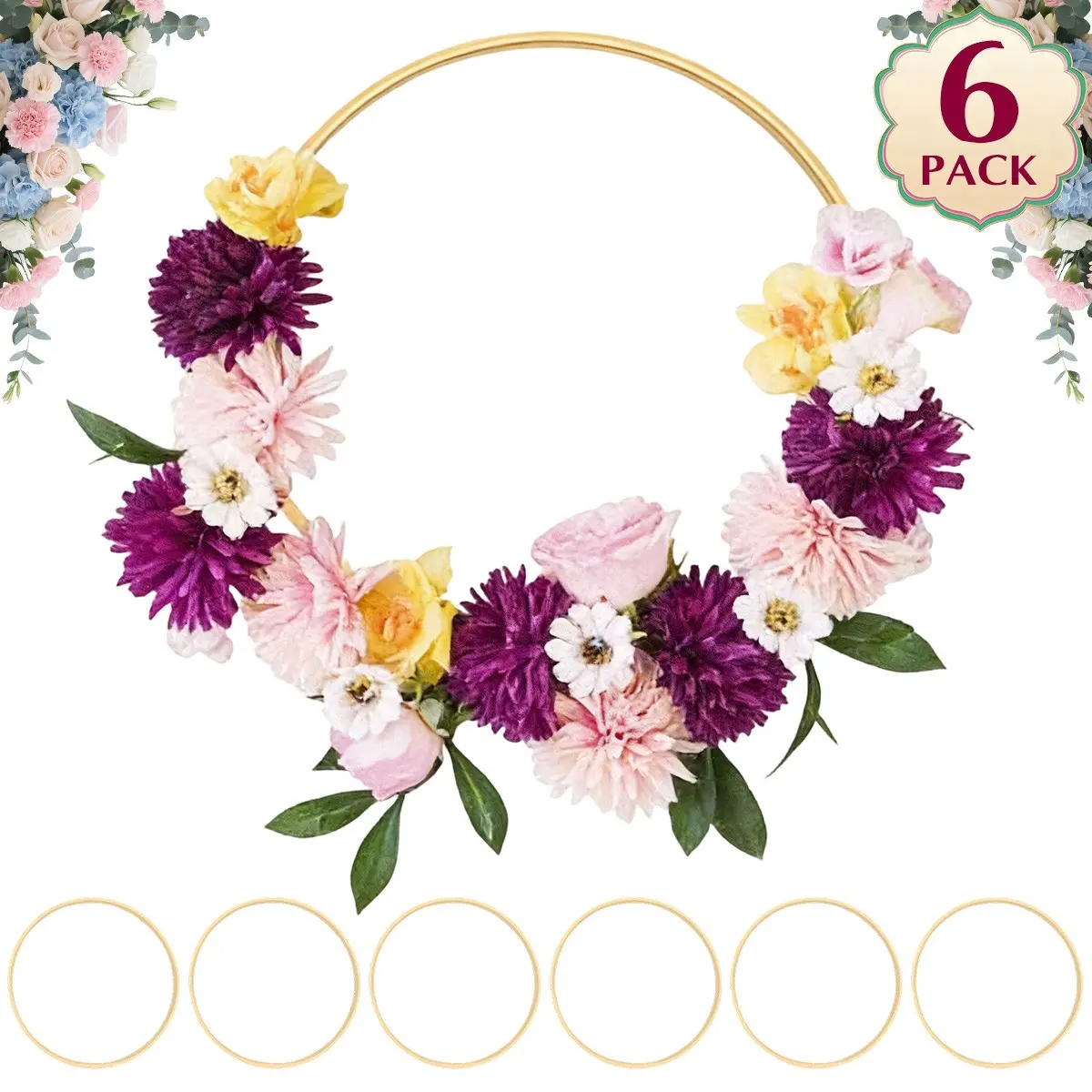 6 Pack Wooden Bamboo Floral Hoop, 6"/8" Macrame Rings, DIY Wedding Wreath Wall Hanging Catchers, Crafts Supplies