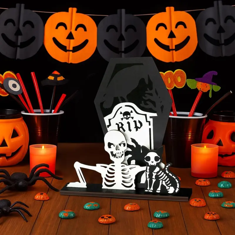 Halloween Decorations Indoor, Spooky Wooden Black Cat Skeletons Halloween Centerpieces for Tables, Table Decor for Home Bedroom Office