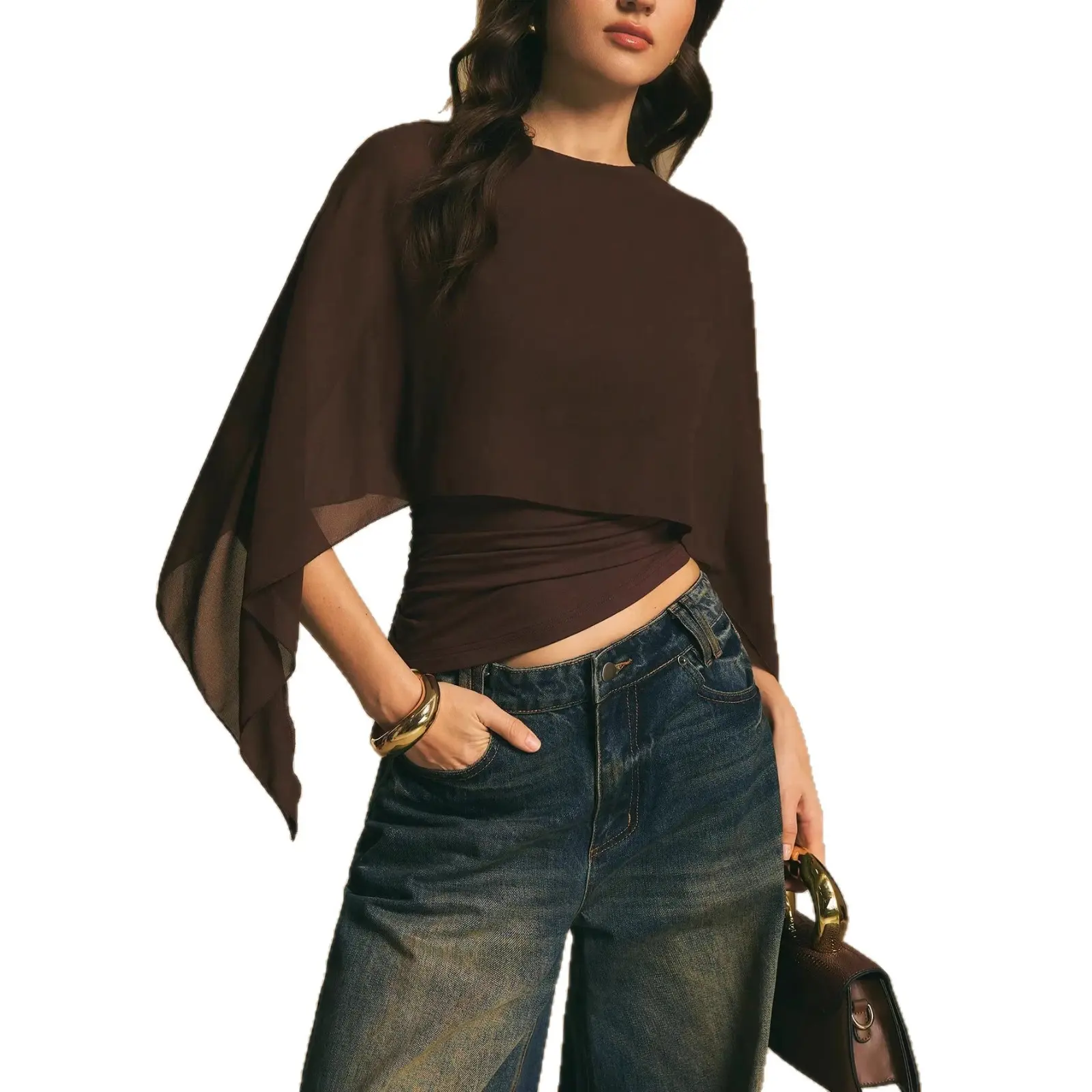 Women's Summer Cape Sleeve Top Elegant Chiffon Overlay Asymmetric Blouse Crew Neck Layered Irregular T-Shirt Casual Chic Solid Color Top Going Out Shirts 2026