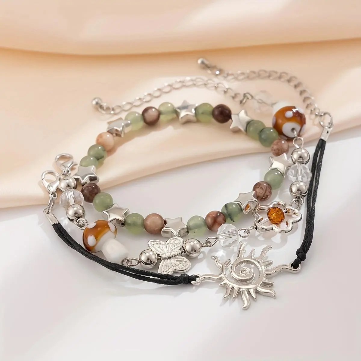 Women's 3-Piece Ethnic Flair Bead Set, Female Wear Costume Jewelry with Sun Butterfly, Star Motifs & Colorful Star-Shaped Mushroom Beads for Bracelets & Bangles, Three-Pieces