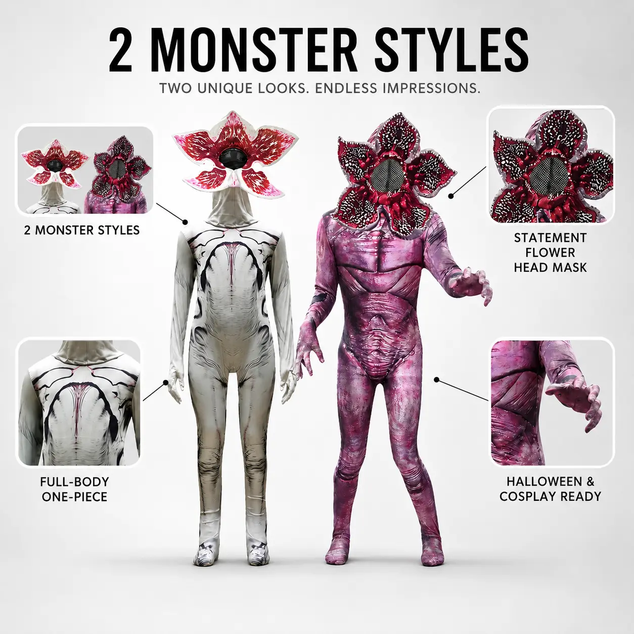 Adult Monster Flower Head Costume, Full Body Alien Creature Bodysuit with Mesh Face Mask, Long Sleeve Horror Cosplay Outfit, 2 Style Halloween Party Costume for Theme Events, Stage Performance and Photoshoot
