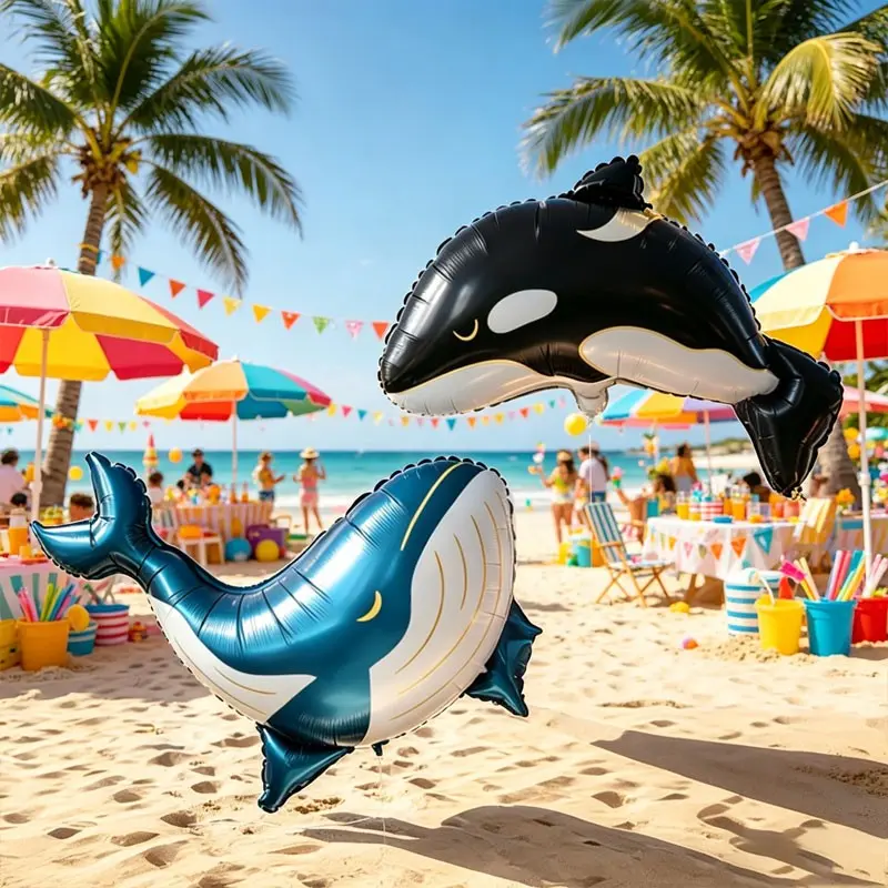 4-Piece Ocean Whale Aluminum Foil Balloons Set, Party Balloons Decorations, Matte Orca and Blue Whale Balloons, Perfect for Beach Parties, Birthday Photos, Baby Showers