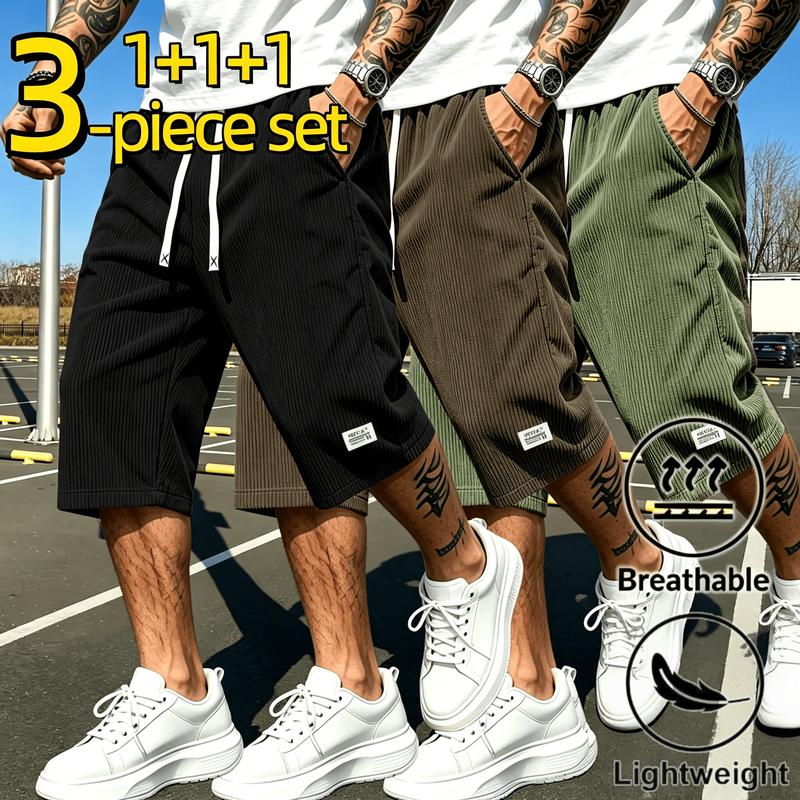 Men's 3PC Loose-Fitting Polyester Corduroy Quick-Dry Loose Shorts - Male Clothing, Universal Normal Type, Sweat-Wicking, Breathable, Elastic Drawstring Waist, Machine Washable Outdoor Wear (Cold Wash Safe)