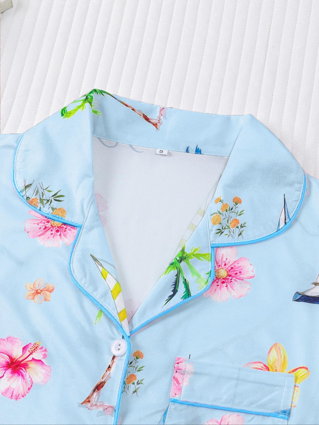 Women's Hawaiian flower Print Pajama Set, 2 Piece Summer Sleepwear, Comfortable Shirt Collar Short Sleeve Top & Elastic Shorts