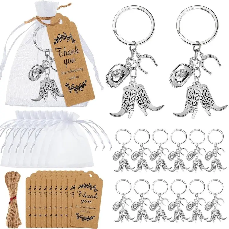 Cowboy Western Party Favors Cowboy Western Keychain Hat Boot Horse Shoe Keyring with Organza Bags Thank You Tags and Rope for Guests Party Favor Supplies