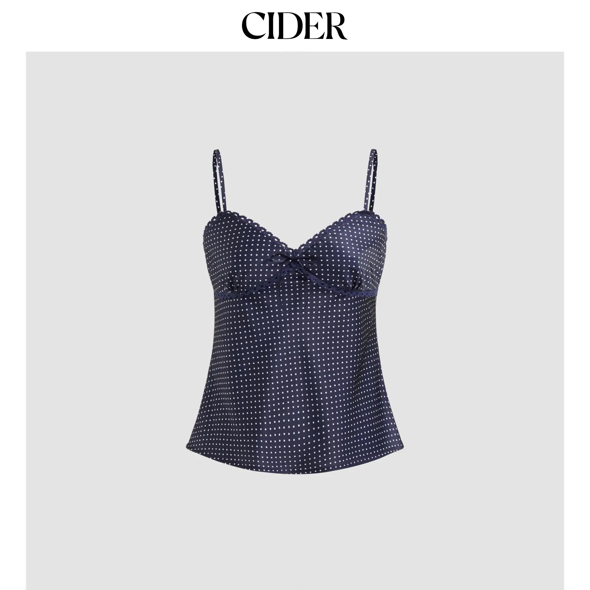 Cider Sweetheart Neckline Polka Dot Lace Trim Knotted Cami Top