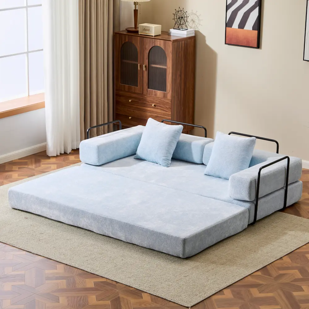 Littleox Floor Couch,Compression Sofa,Convertible Floor Sofa Bed-with Pillow Back Support Armrest,Comfy Futon Couch Lounge Sleeper Bed,Chenille fabric,for Living Room Bedroom (LIGHT-BLUE)