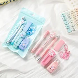 Seven-In-One Multi-Functional Stationery Set, Four Colors Available, Includes Push-Pull Eraser, Highlighter, Ballpoint Pen, Ideal for Creatives