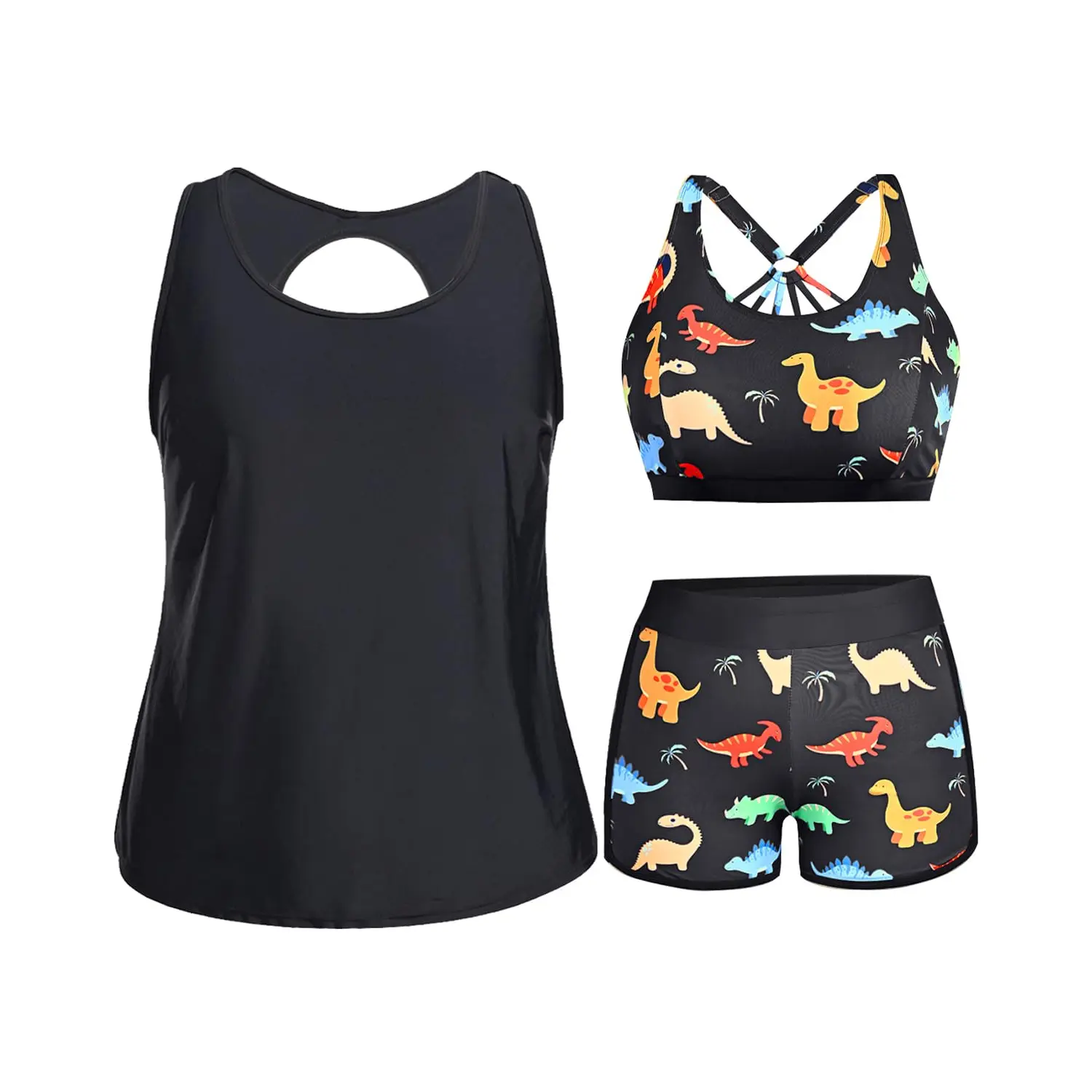 Holipick Women Plus Size Three Piece Tankini Swimsuits Tummy Control Bathing Suits with Boy Shorts Tank Top with Sports Bra