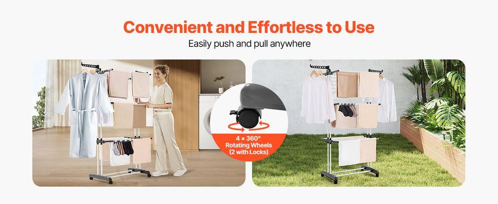 Clothes Drying Rack, Oversized 4-Tier(67.7" High) Foldable Stainless Steel Drying Rack Clothing, Movable Drying Rack with 4 castors, 24 Drying Poles and 14 Hooks for Bed Linen, Clothing