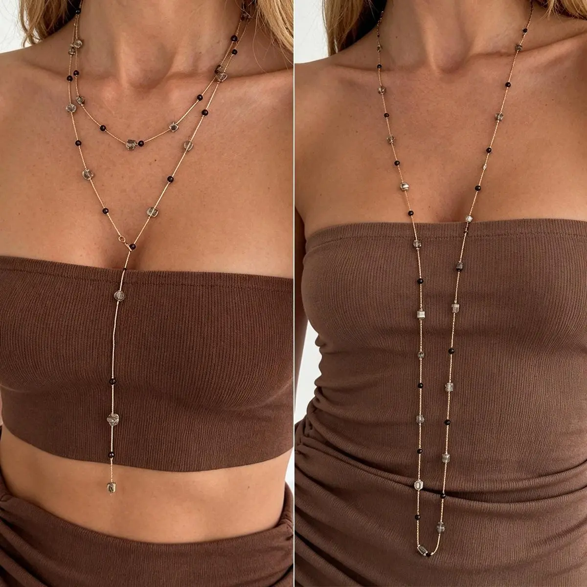 Multi-Way Long Crystal Station Chain Necklace Convertible Lariat Layering Boho Jewelry Versatile Everyday Fashion Accent Vintage accessories for Women, Boho Chic Outfits, Hypoallergenic Jewelry, Crystal Accents