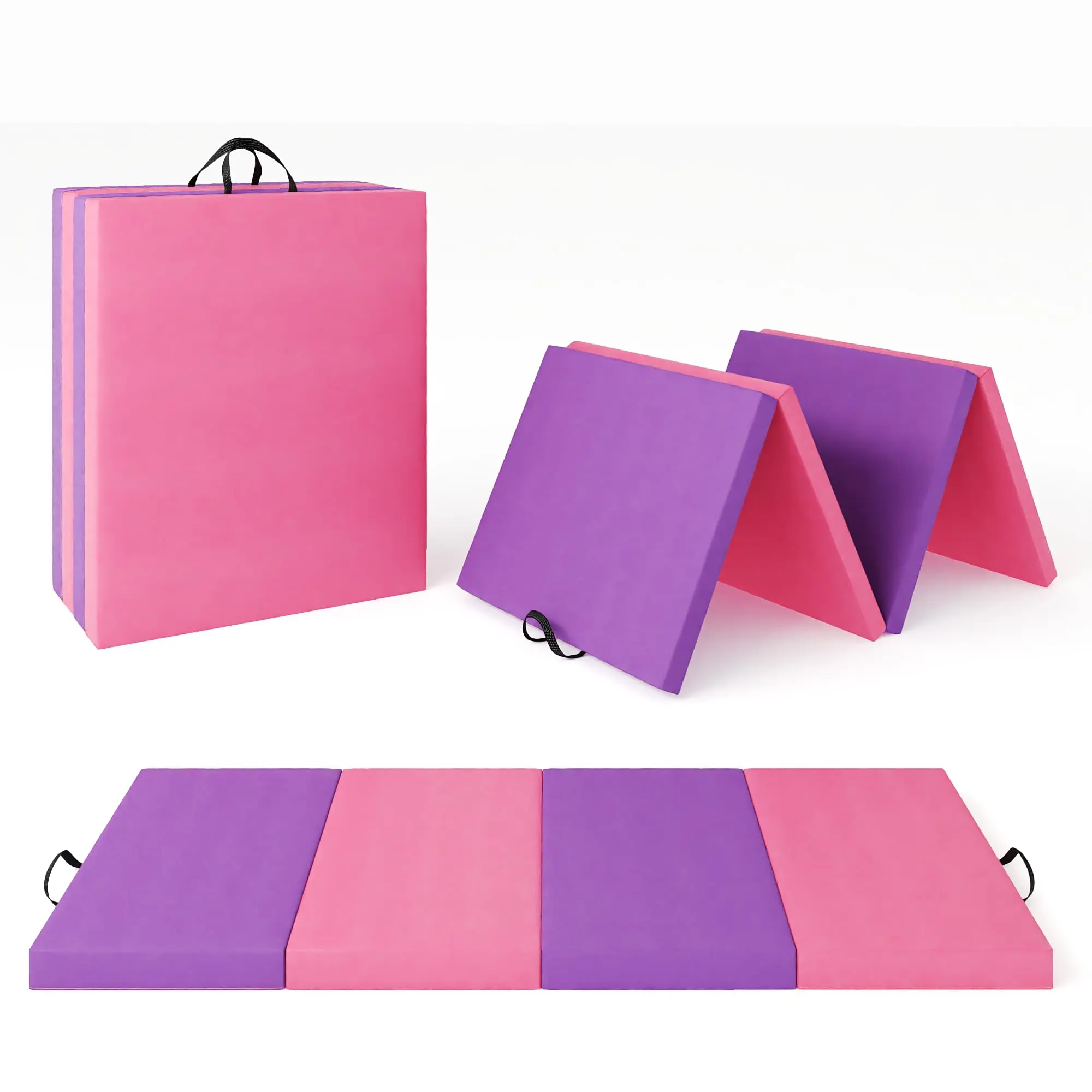 collapsible Gymnastics Tumbling Mat, 6.2 x 3 ft - 5-Fold 1.3 in / 4-Fold 2 in Thick - High-Density Foam, Non-Slip Vinyl, Carry Handles - Yoga, Pilates, Martial Arts