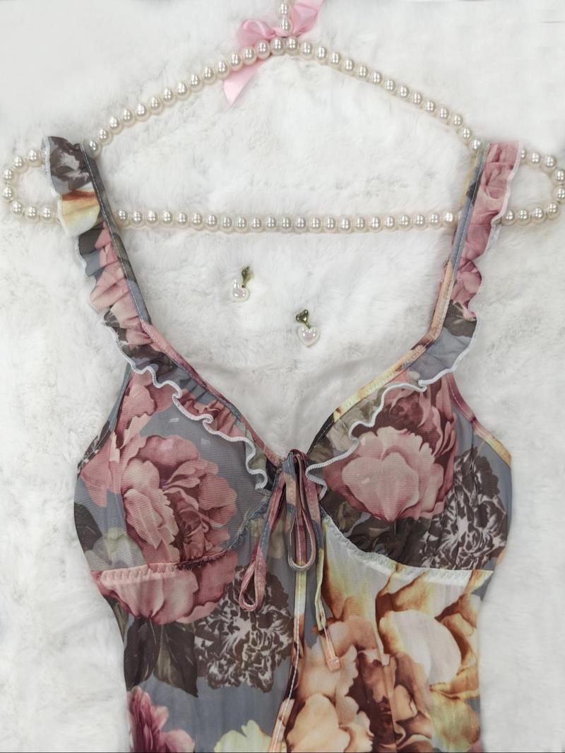 Women's Floral Print Cami Nightdress, Sexy Comfy Breathable Spaghetti Strap Nightgown for Women, Women's Sleepwear for Summer, Loungewear, Womenswear, Nightdress Pj