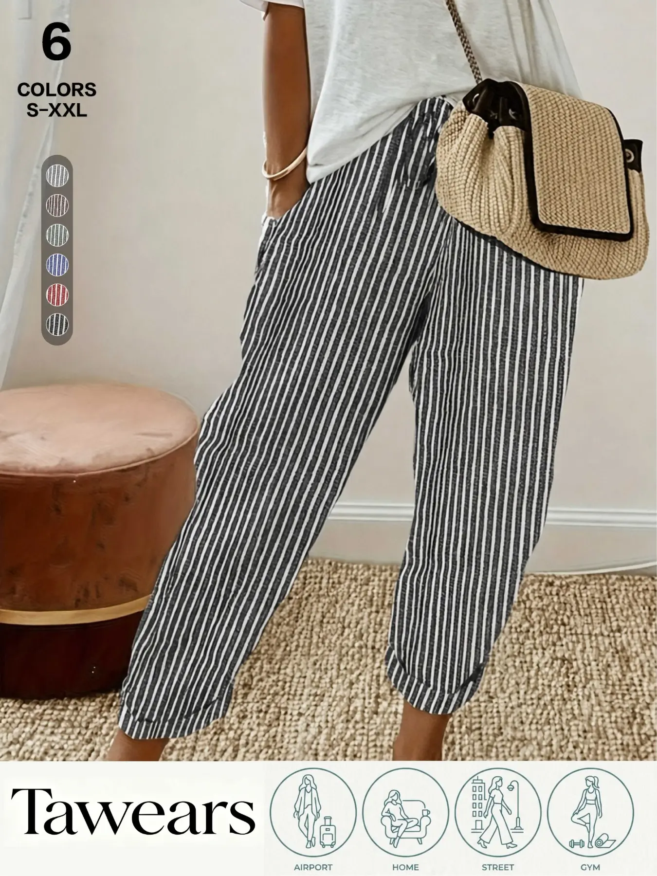 Women's Striped Cropped Jogger Pants, High Waist with Drawstring, Side Pockets, Cuffed Ankle Hem, Breathable Lightweight Fabric, Summer Style