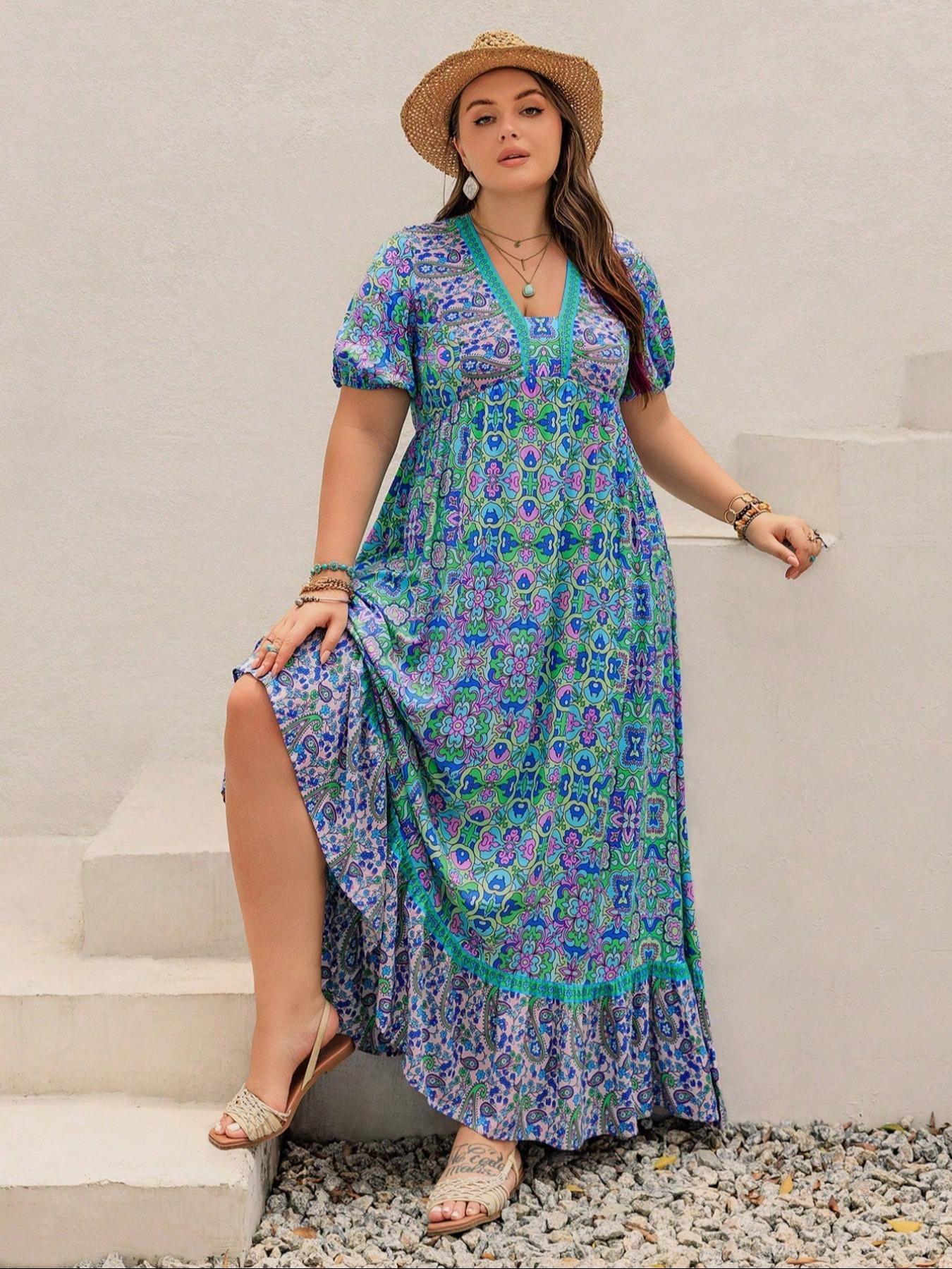 【Plus Size】 Floral Print Short Sleeve Dress, Boho Fashion Casual Dress for Beach Holiday Vacation, Women's Plus Clothing for Summer, Bohemian, Bohemian Casual Wear, Boho Summer Outfit