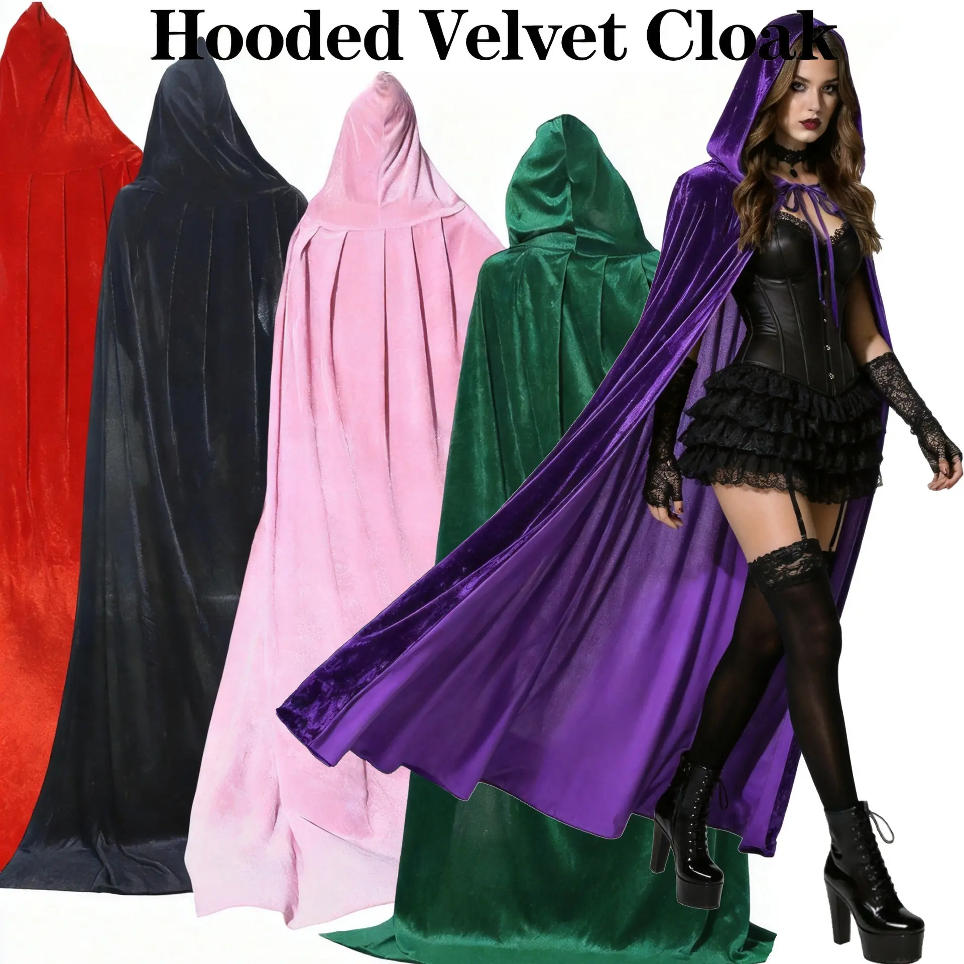 Adult Hooded Velvet Cloak with Tie Closure, Long Halloween Costume Cape for Women and Men, Gothic Vampire, Witch, Sorcerer and Royal Costume Accessory for Masquerade Parties, Cosplay and Stage Performances