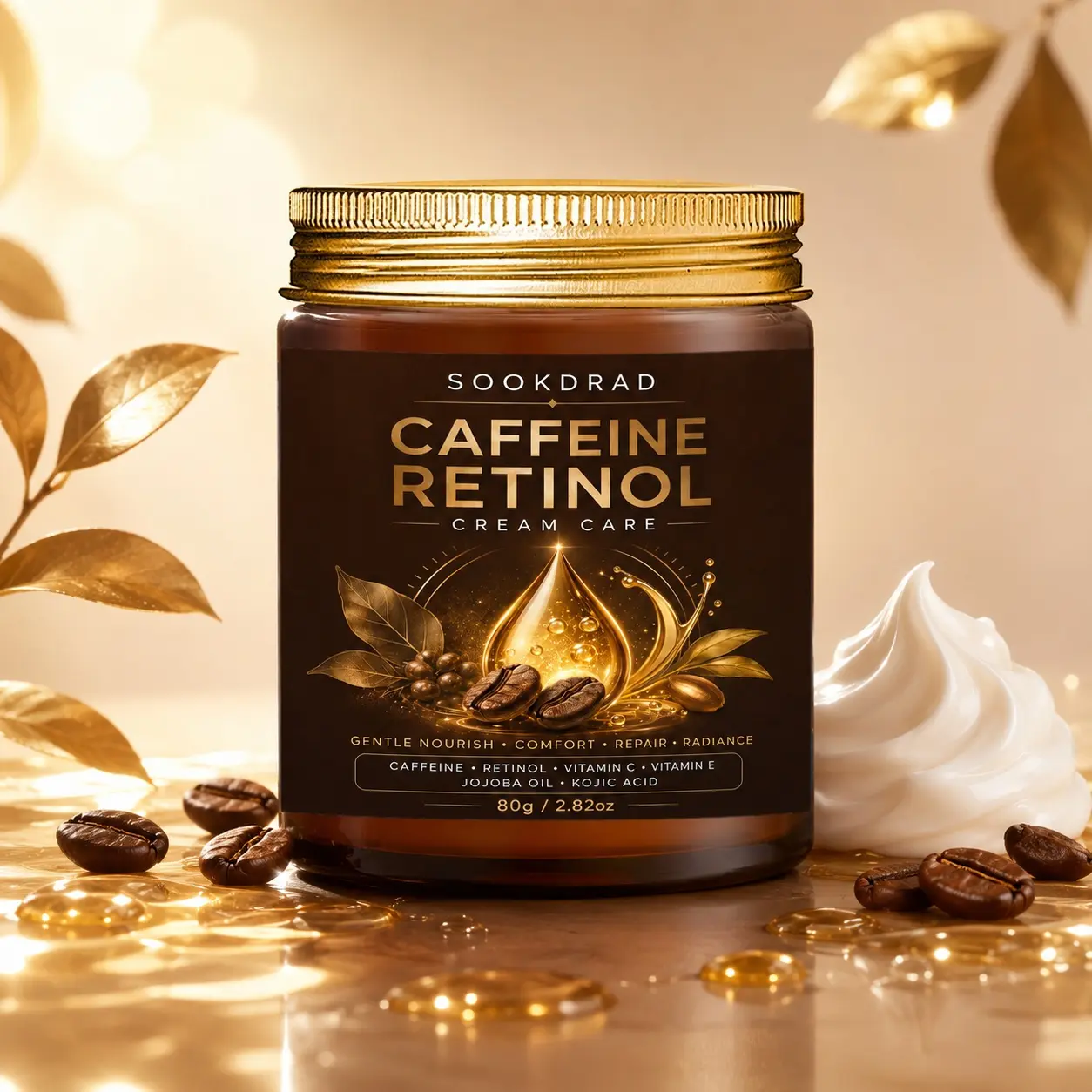 Caffeine Retinol Cream, Caffeine, Retinol, Vitamin C, Vitamin E, Jojoba Oil, Kojic Acid, Gentle Nourish, Comfort, Repair, Radiance, All Skin Types, Daily Skincare, 80g