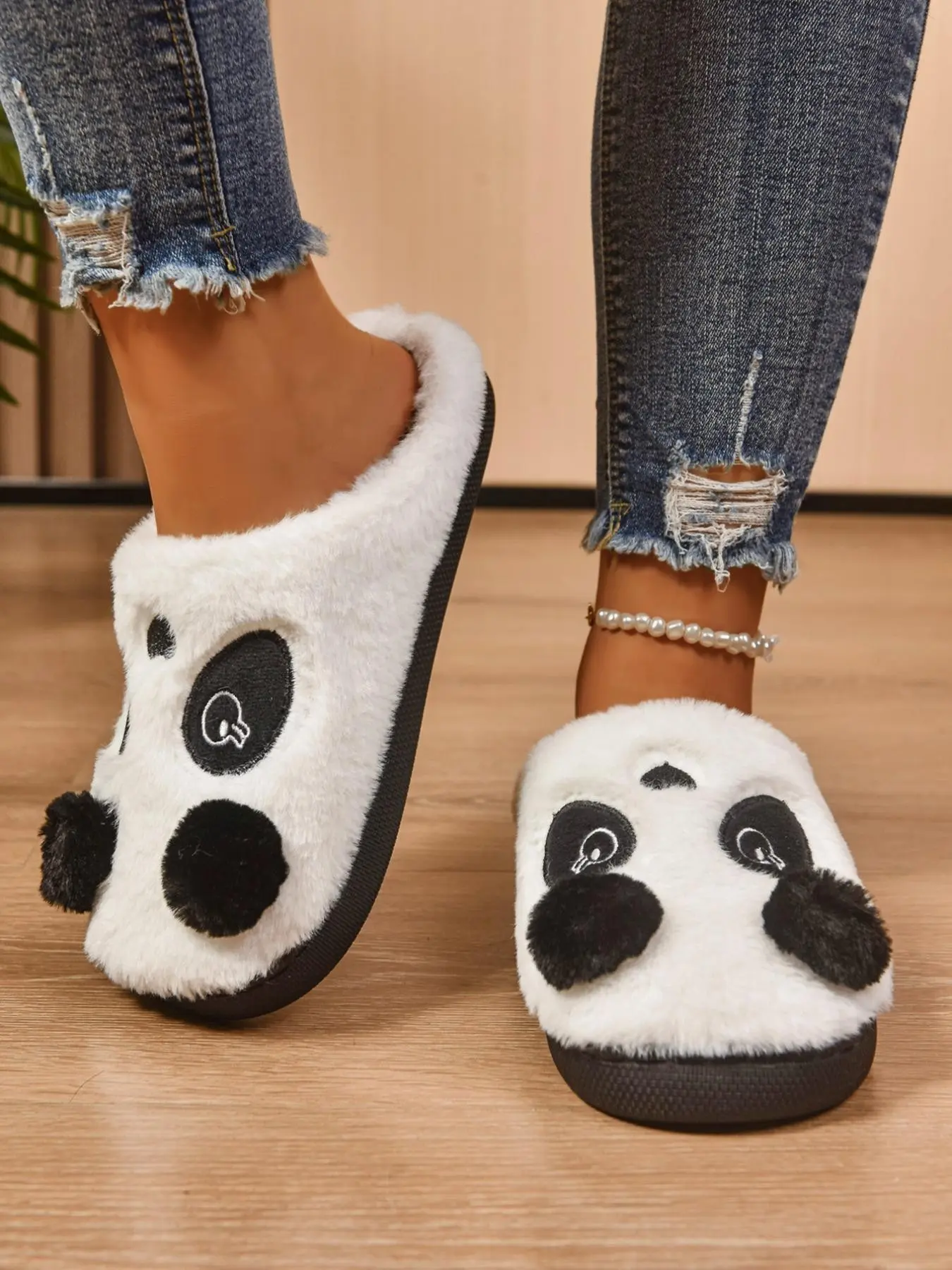 Cartoon Panda Slippers, Unisex Thickened Plush Indoor Non-Slip Cotton Shoes, Fall & Winter Casual Textile Eva Sole Footwear