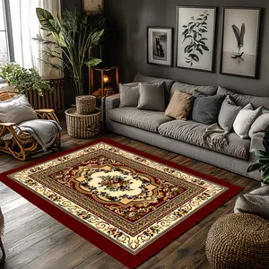 Red Beige Floral Crystal Velvet Traditional Oriental Area Rug #RedFloralOrientalRug #TraditionalFloorMat #VintagePatternCarpet #CrystalVelvetHomeDecor