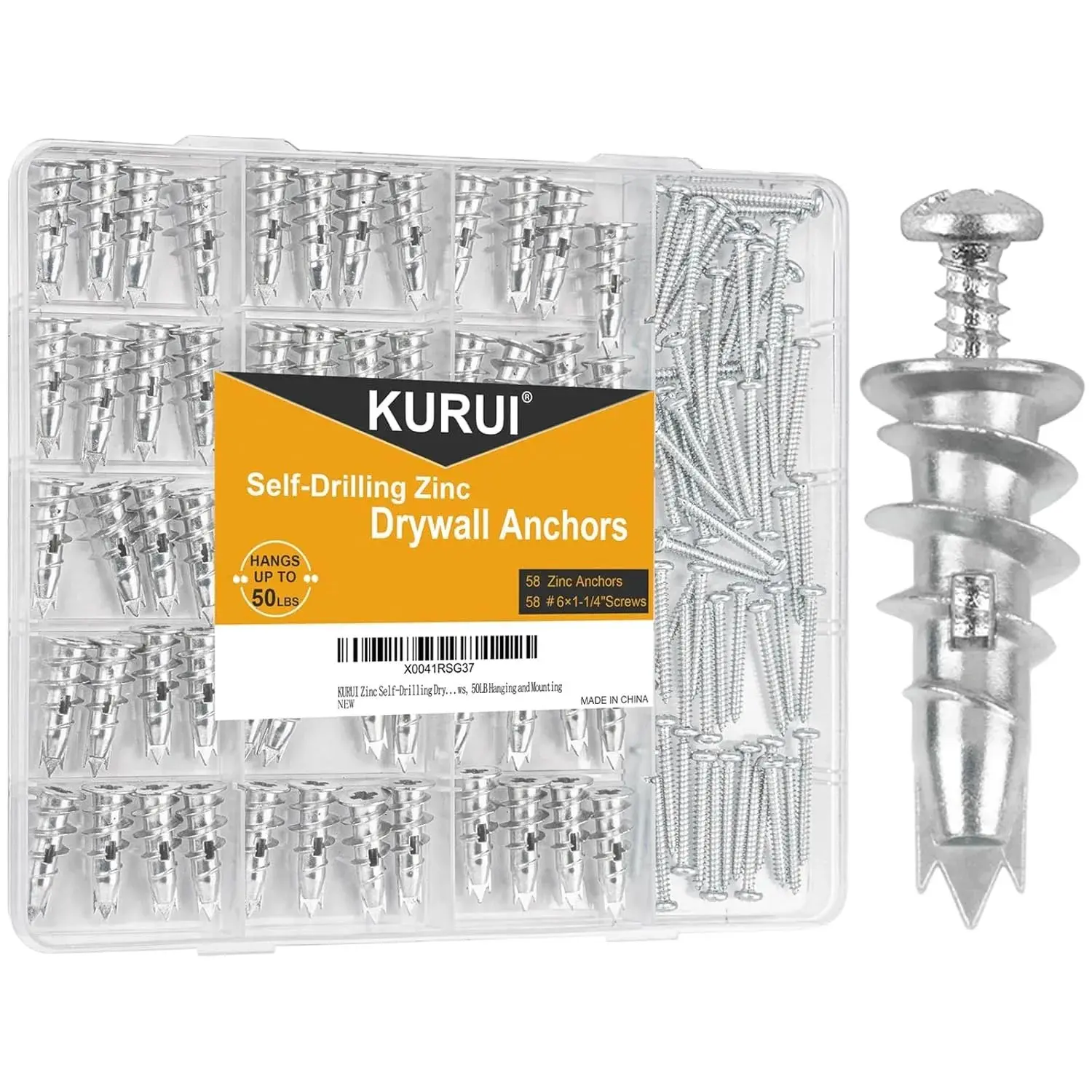 Metal Self Drilling Drywall Anchors, 116PCs Shatter-Resistant Wall Anchors and Screws Kit, 58 Heavy Duty Sheetrock Anchors + 58#6 x 1-1/4'' Screws, Zinc Hollow Dry Wall Anchors 50LB Hanging