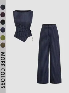Women's Striped Tie-Back Vest Top and Straight Leg Pants Set, Elegant Slim-Fitting Outer Vest Suit for All Seasons