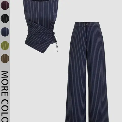 Women's Striped Strapless Tie-Back Vest Top and Straight Leg Pants Set, Matching Outfit Set, Elegant Slim-Fitting Outer Vest Suit for All Seasons