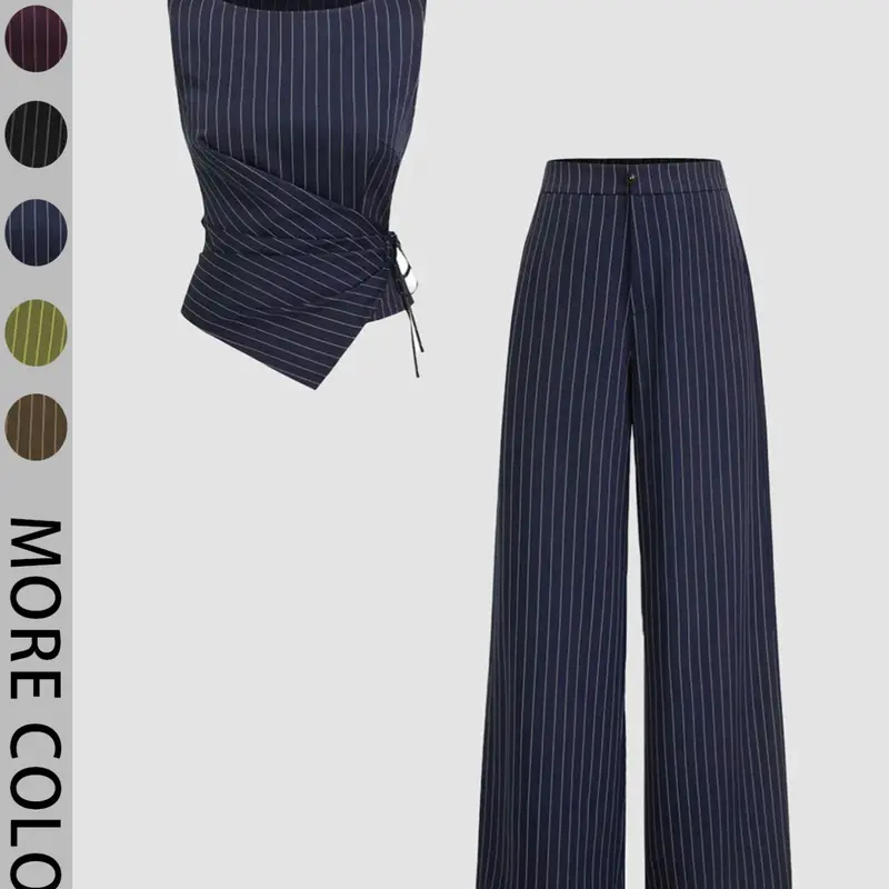 Women's Striped Strapless Tie-Back Vest Top and Straight Leg Pants Set, Matching Outfit Set, Elegant Slim-Fitting Outer Vest Suit for All Seasons
