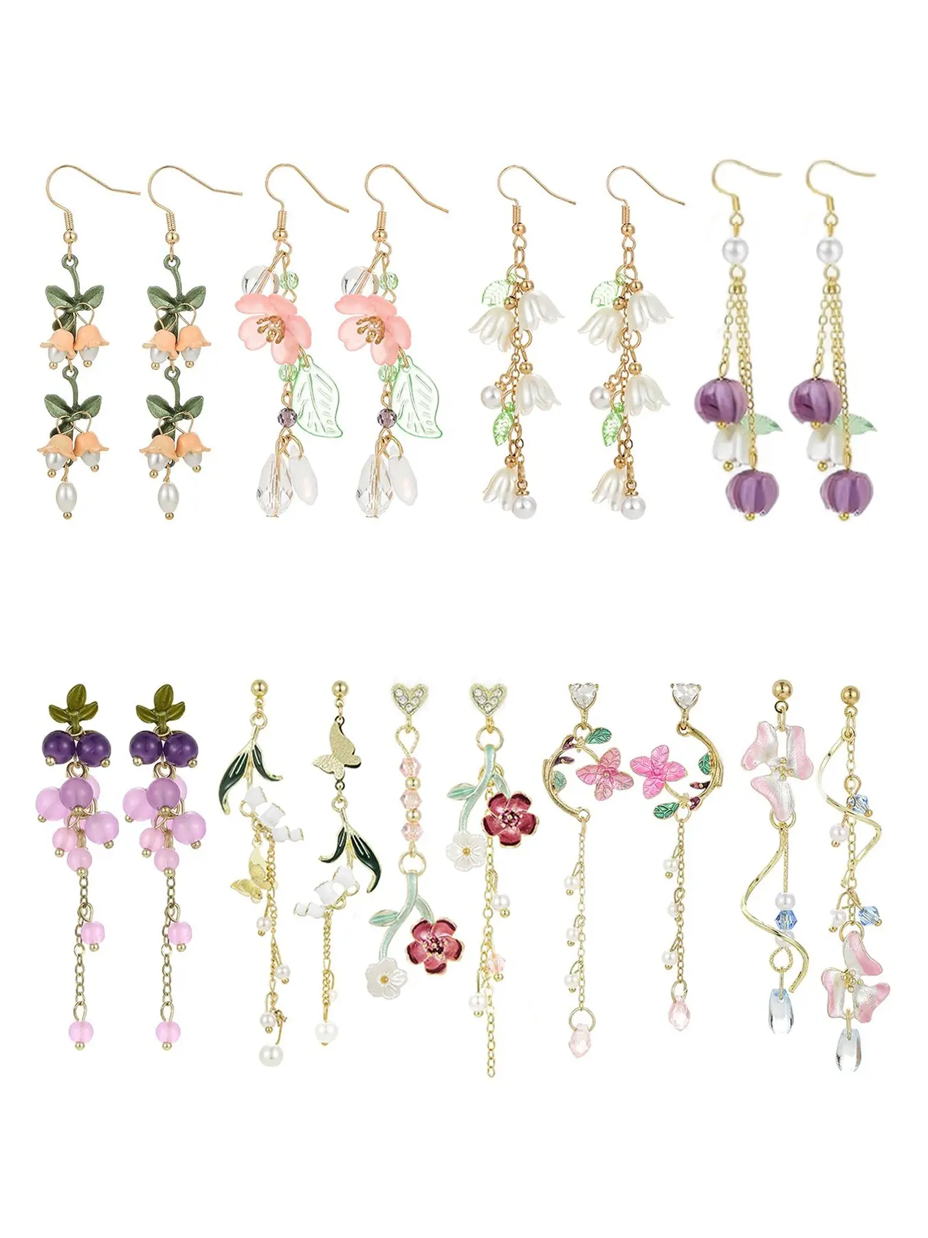 9 Pairs Floral Earrings Set Inspired Long Dangle Flower Leaf Designed Earrings With Pearl Accents And Tassel Details Hypoallergenic Statement Earrings for Women