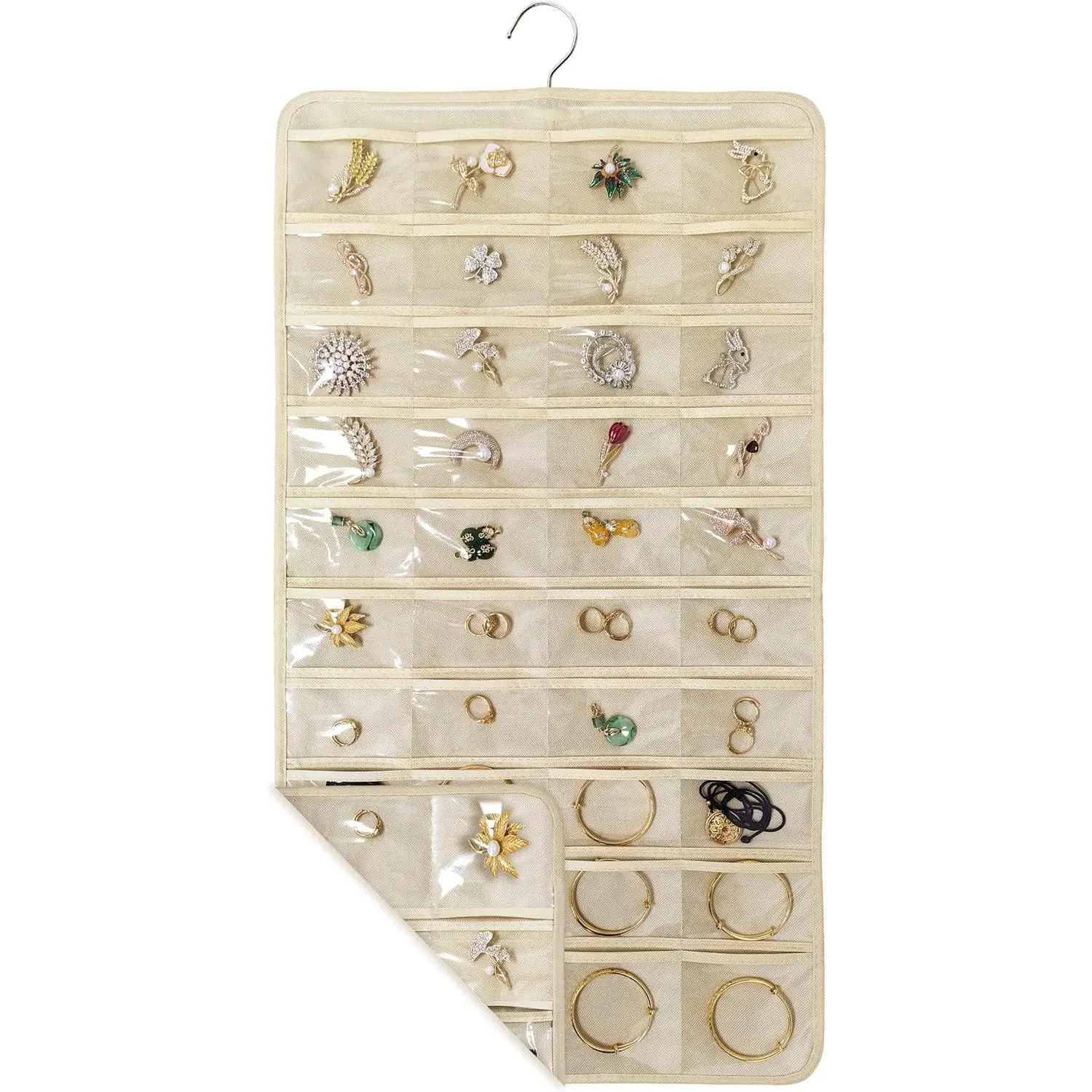 80 Pocket   Organizer with Hanger Metal Hooks Storage  Wall Door Closet Double-Sided(Each Side 40 Pockets)  Holder for Earrings, Necklaces, Rings (Beige)