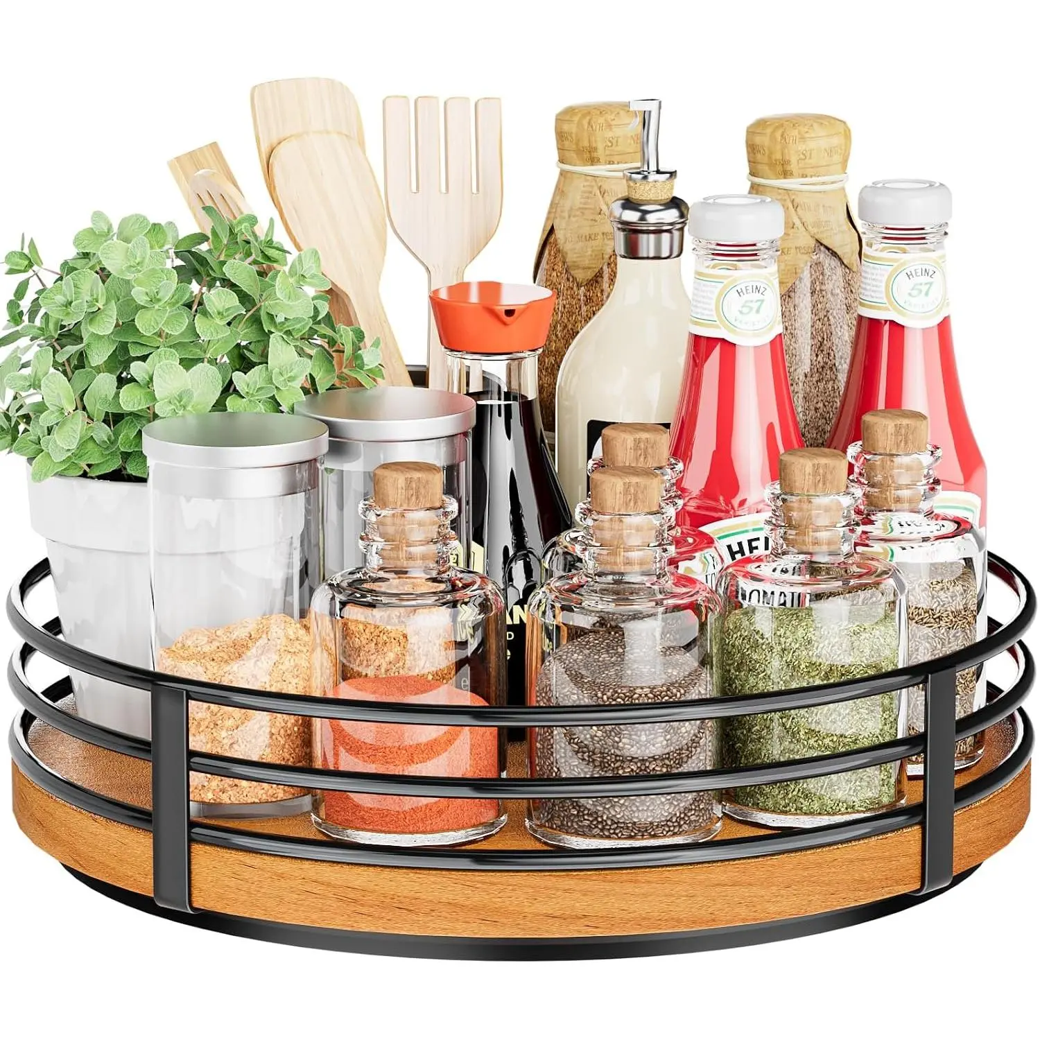 10 in 1-Tier Oak Lazy Susan Turntable Organizer - Home Storage Rack for Cabinet, Kitchen Utensils, & Decoration