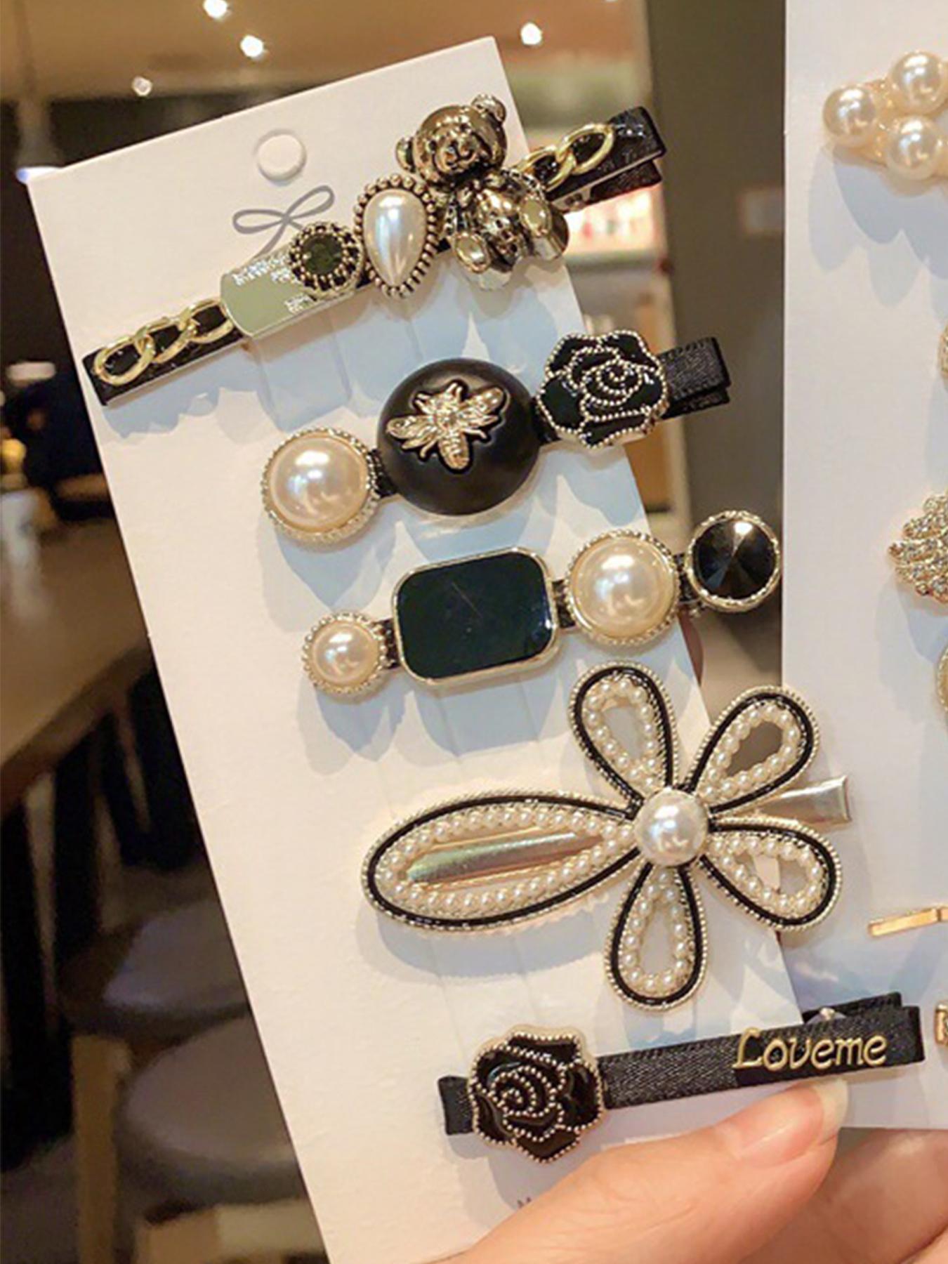 Faux Pearl and Feather Hair Clips Set for Women and Girls, Cute Bear Flower Scissors Design, Side Bang Fixed Hair Clips, Elegant and Fashionable Versatile Hair Accessories for Daily