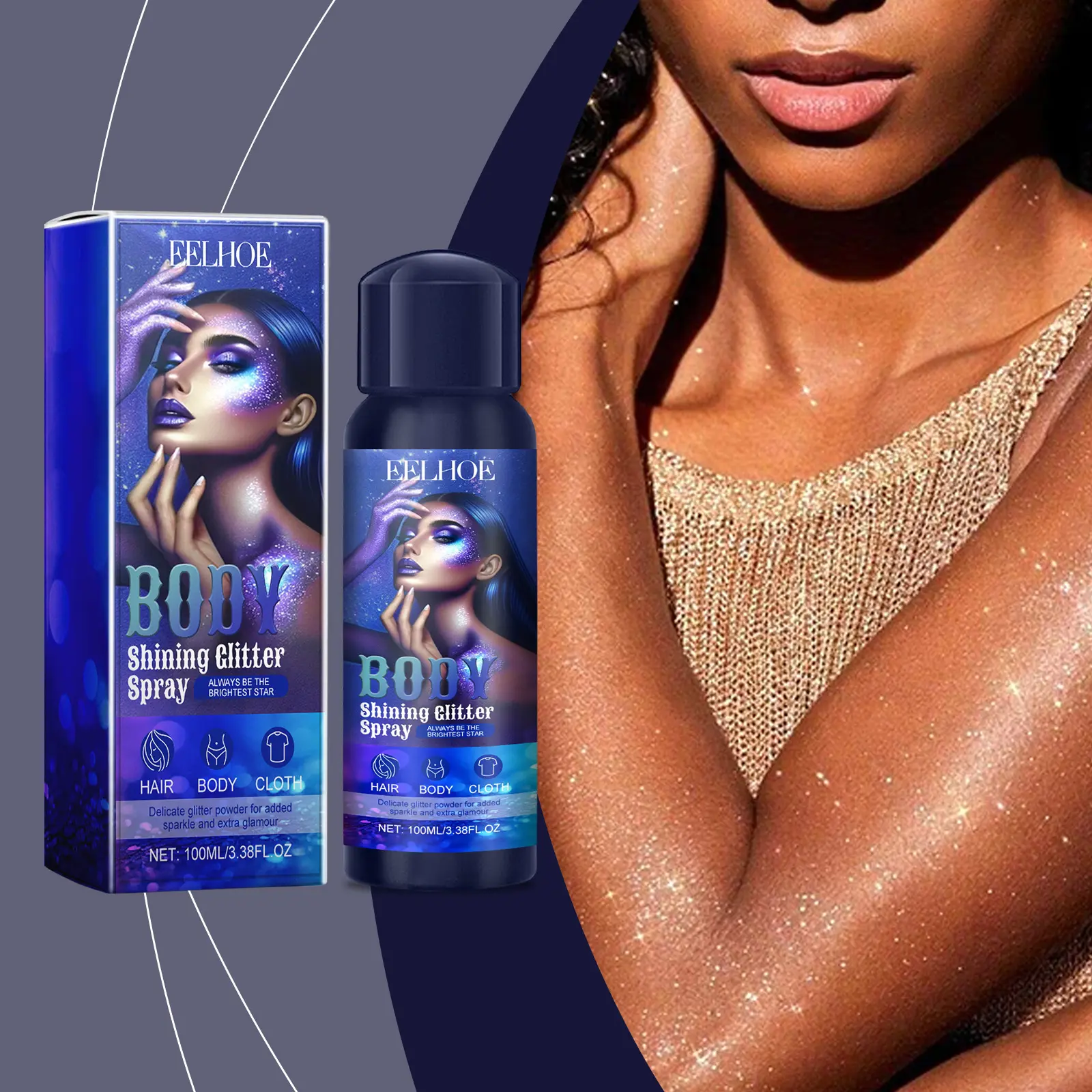 High-Gloss Glitter Highlighter Spray, Natural 3D Long-Lasting Brightening Powder Formula for Body Makeup