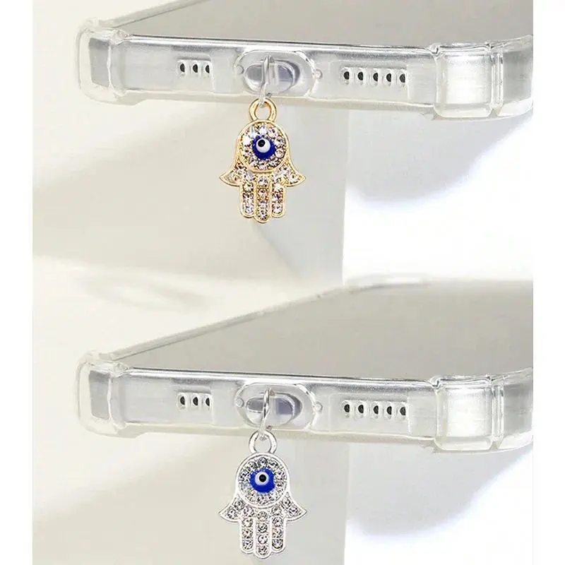 Phone Dust Plug 3-Pack, Gothic Alloy Hamsa Hand & Evil Eye Charm, Protective Hanging Pendant for Type-C Ports