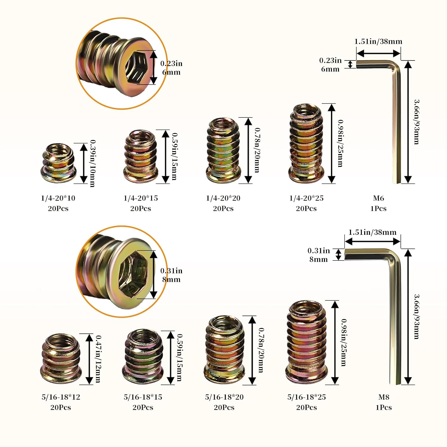 162 count Threaded Inserts for , 1/4"-20, 5/16"-18 Threaded Insert Nut Inserts, Carbon Steel Nutsert Furniture Screw-in Nut with Hex Wrench 162 count Threaded Inserts for , 1/4"-20, 5/16"-18 Threaded Insert Nut Inserts, Carbon Steel Nutsert Furniture Screw-in Nut with Hex Wrench